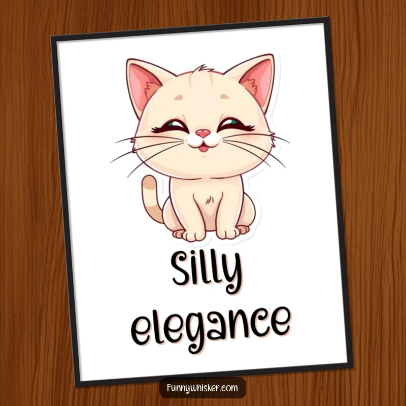 Funny digital art print of a cat with elegant whiskers in a silly pose. Humorous and stylish, perfect funny gift.