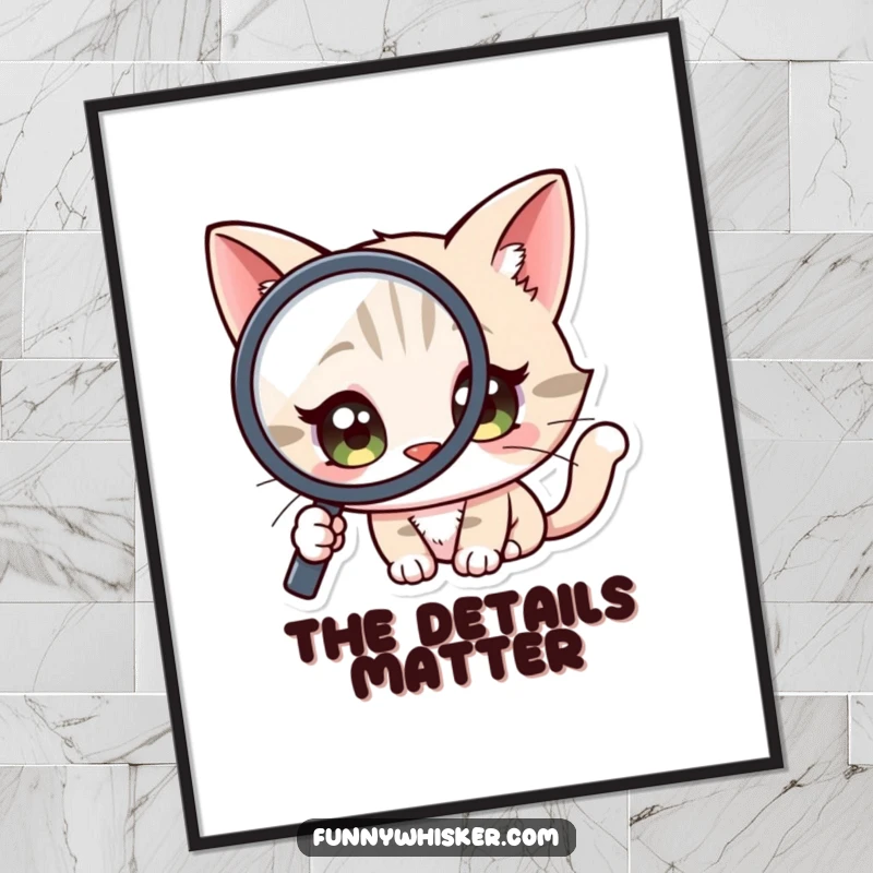 Funny Digital Art Print: A cat character with wide, curious eyes peering intently through a magnifying glass.