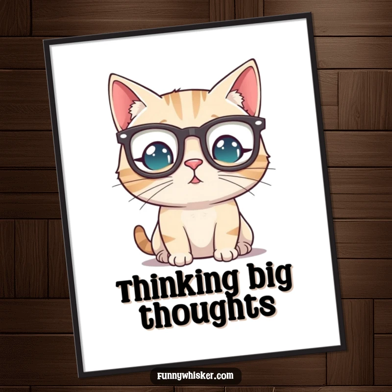 Funny cat wearing tiny spectacles perched precariously on its whiskers, available as a downloadable digital art print.