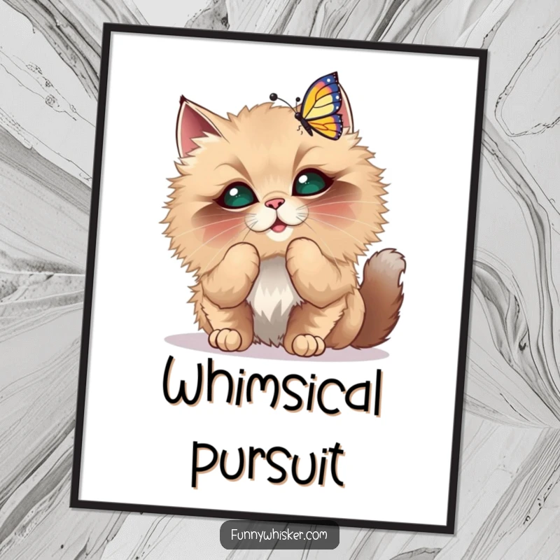 Funny Digital Art Print of a fluffy cat with oversized whiskers playfully batting at a dancing butterfly.