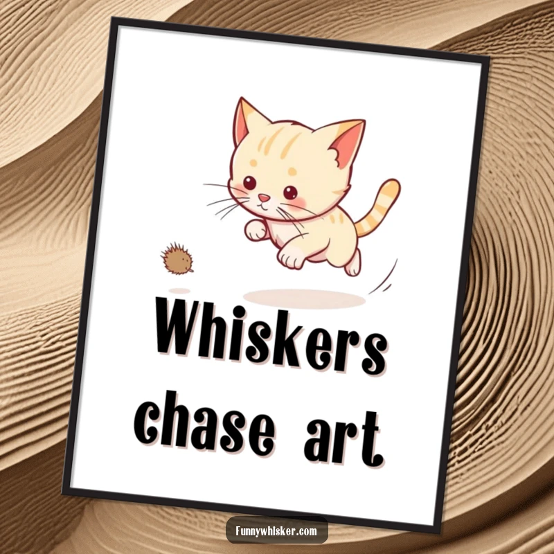 Funny cat digital art print of a cat chasing a dust bunny with long whiskers trailing, ideal for instant, lively decor.