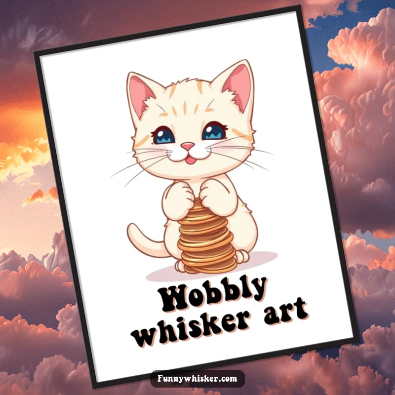 Funny digital art print of a kitten struggling to balance a tall stack of strings, perfect for adding playful humor to home decor.