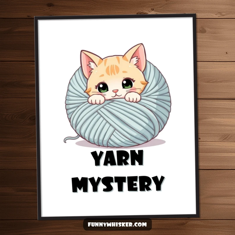 Funny digital art print of a curious cat with twitching whiskers peeking from behind a giant ball of yarn, full of charm.