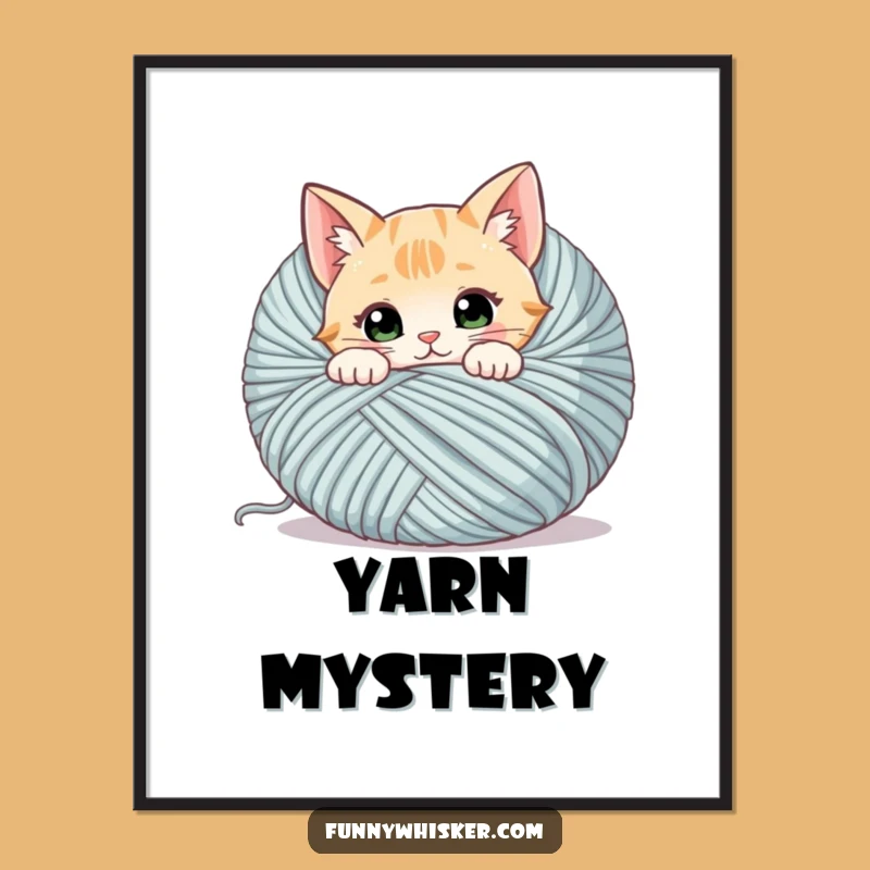 Funny Cat Yarn Digital Art: Curious Kitty Peeking, Instant Download