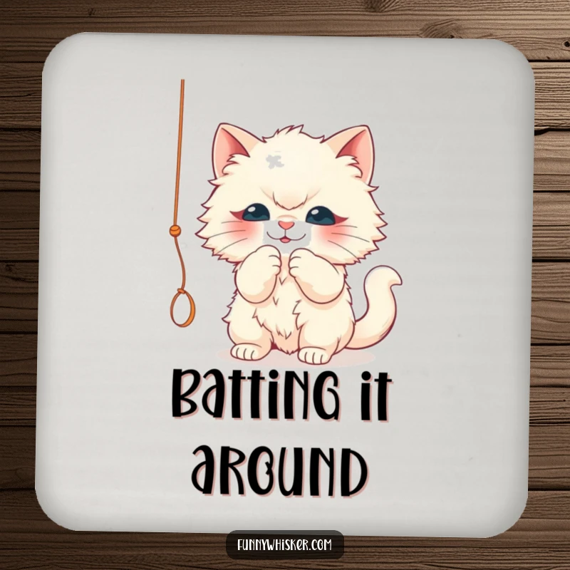 Funny drink coaster featuring a fluffy cat character playfully batting a dangling string. Humorous and functional, a delightful funny gift.
