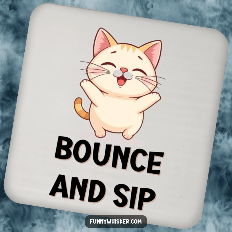 Funny cat coaster illustrated with a small, round cat with oversized whiskers doing a happy bounce, protecting surfaces.