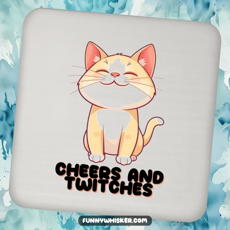 Funny cat drink coaster with a giant, joyful whisker twitching mid-air, protecting surfaces with adorable feline joy and charm.