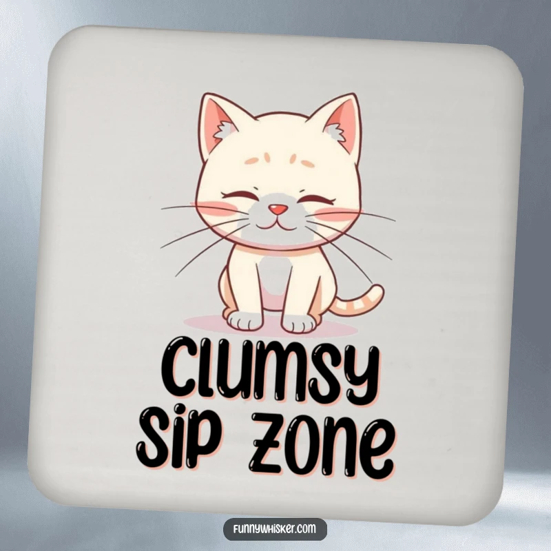 Funny drink coasters featuring a cat character with comically long whiskers tripping over its own feet, adding a dose of charming feline humor.