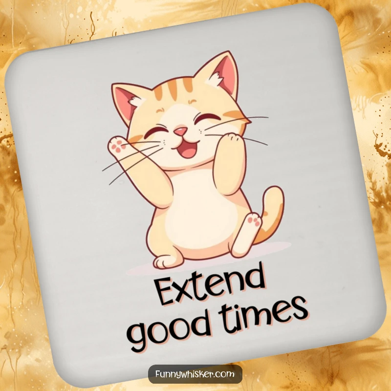 Funny coaster showing a cat stretching with comically long whiskers, perfect for protecting furniture.