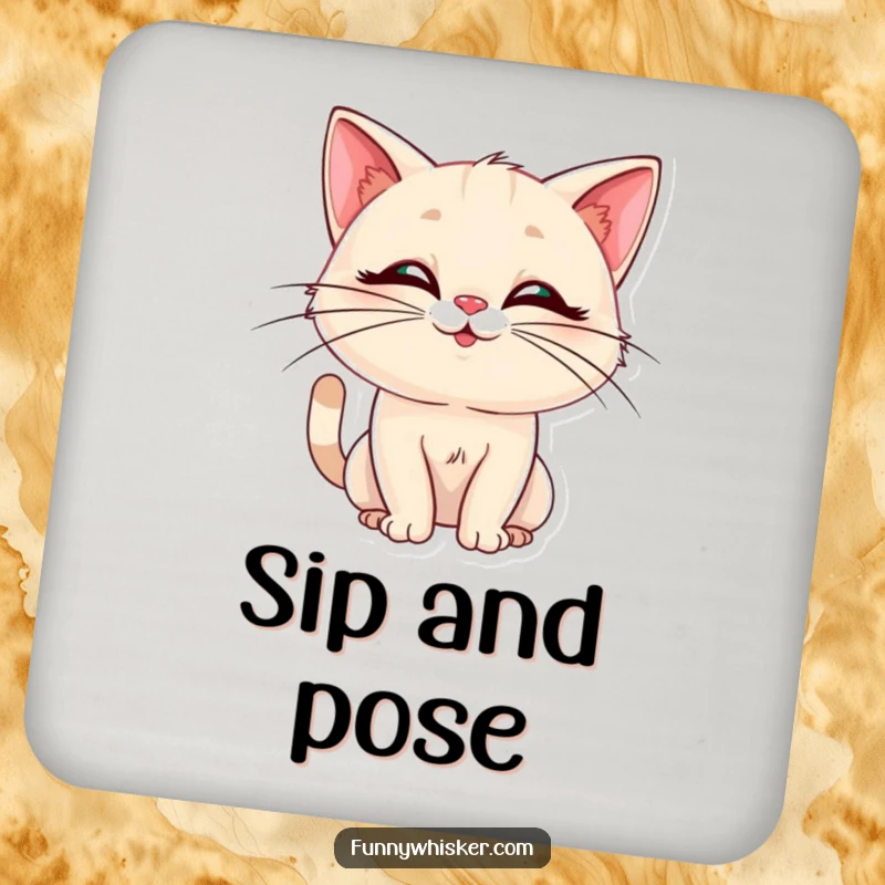 Funny drink coaster featuring a cat with elegant whiskers in a silly pose. Humorous and functional, a delightful funny gift.