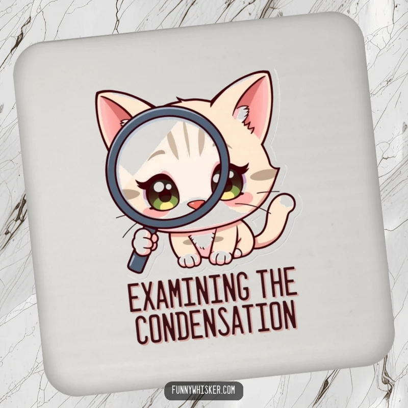 Funny Coaster: A cat character with wide, curious eyes peering through a magnifying glass.