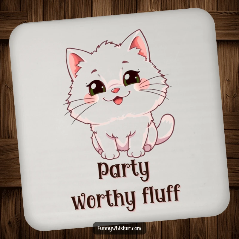Funny Coaster: A fluffy cat character with oversized, comical whiskers wiggling with pure glee.