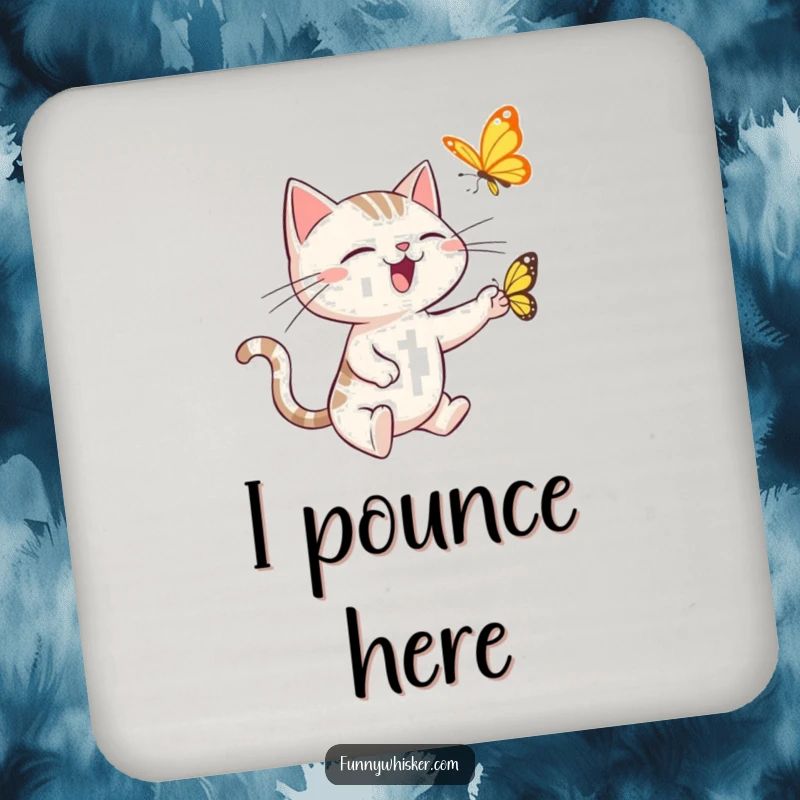 Funny drink coasters featuring a spiky-whiskered cat in comical pursuit of a butterfly, adding humor to any tabletop.