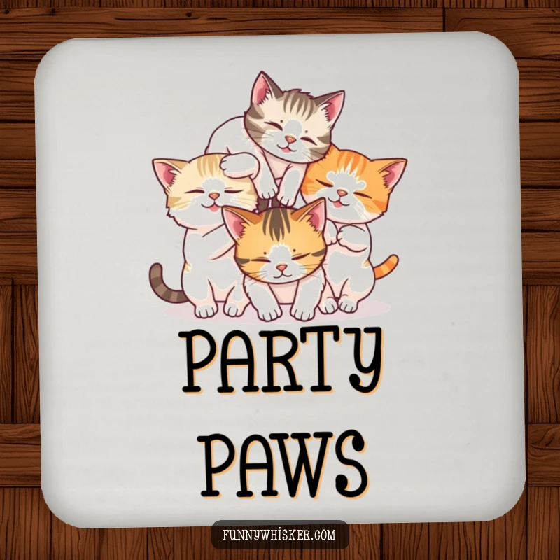 Funny drink coaster set with three cats tumbling in a whisker tangle, offering humorous surface protection.