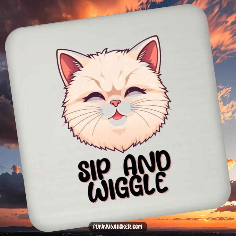 Funny fluffy cat head drink coaster with exaggerated, wiggling whiskers, protecting surfaces with adorable feline fun and charm.