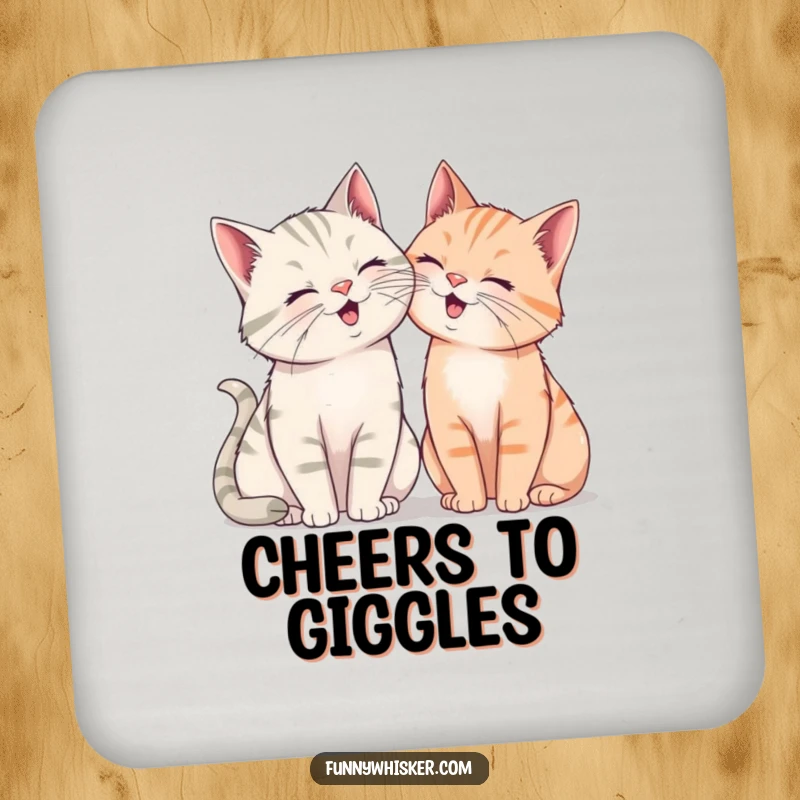 Funny drink coaster with two cats, oversized whiskers touching slightly, leaning in to share a silent, happy giggle, adding humor.
