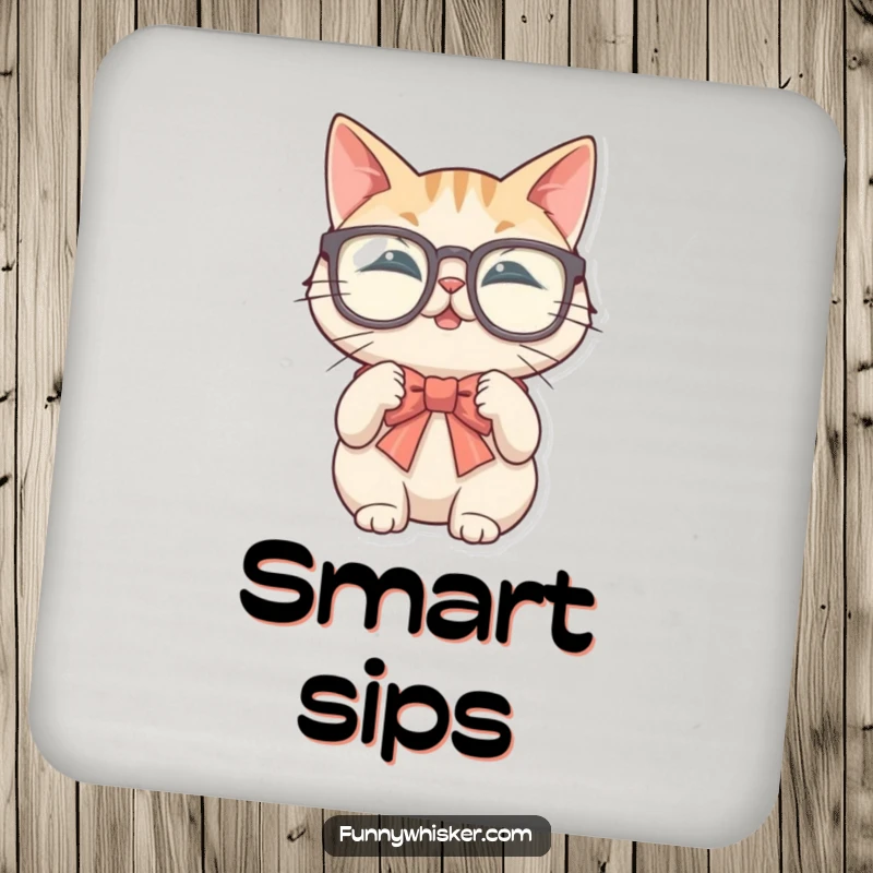 Funny drink coaster set with a cat in large glasses trying to tie a bow tie with its whiskers, protective humor.