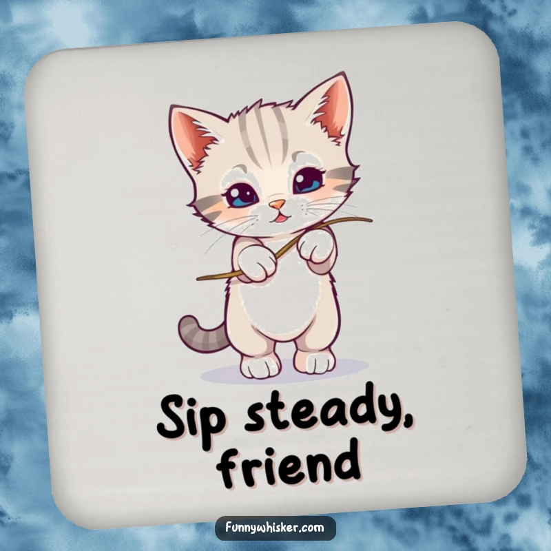 Funny kitten balancing on a wobbly whisker on a drink coaster, symbolizing delicate fun, a great funny gift.