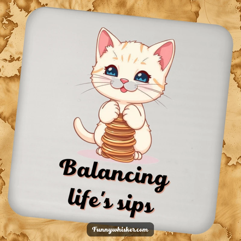 Funny drink coaster showing a kitten attempting to balance a stack of strings, protecting surfaces with adorable, humorous artwork.