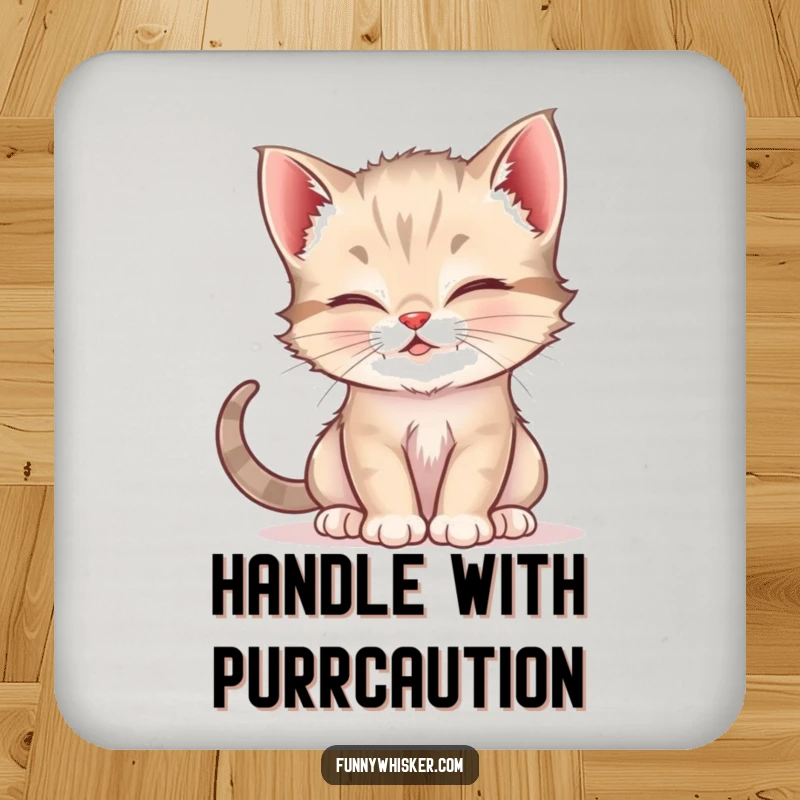 Funny drink coaster adorned with a mischievous kitten using its whiskers to tickle another cat, adding humor to beverage service.