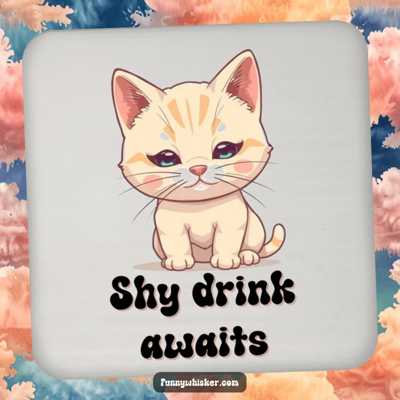 Funny Cat Coaster: Shy cat attempts to hide behind its single, large whisker, a humorous drink accessory.
