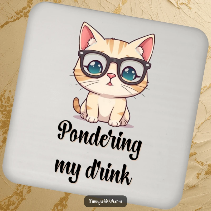 Funny cat wearing tiny spectacles perched precariously on its whiskers, acting as a humorous drink coaster.