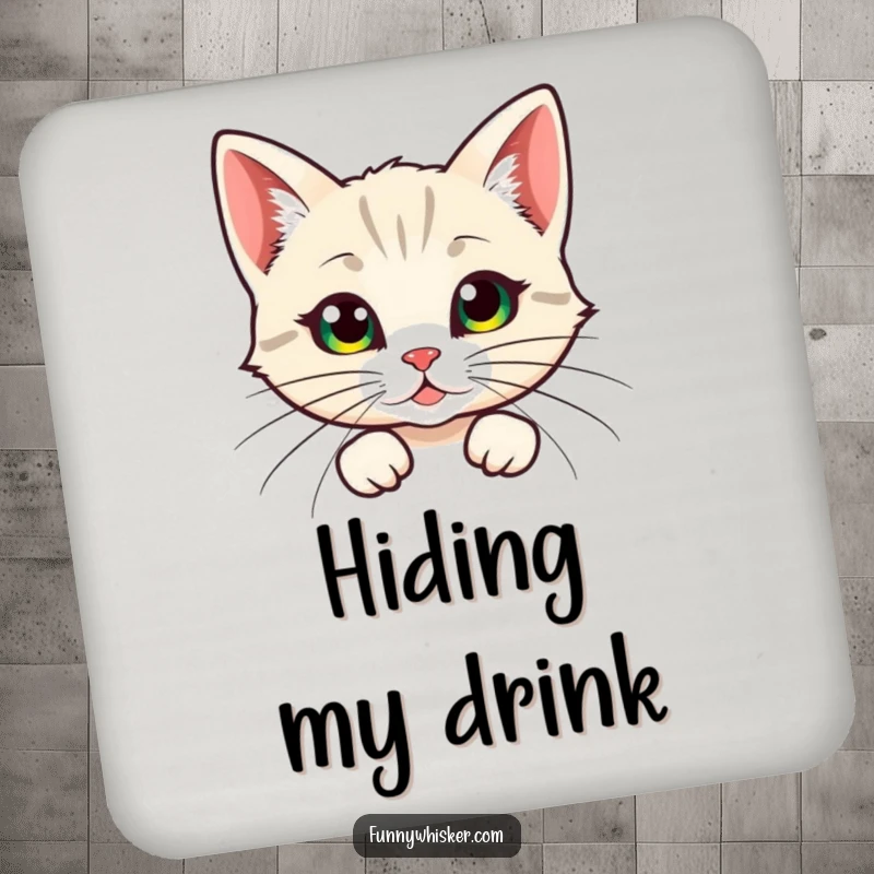 Funny drink coaster, a cat character humorously peeking from behind large, feathery whiskers, adding a touch of quirky protection.