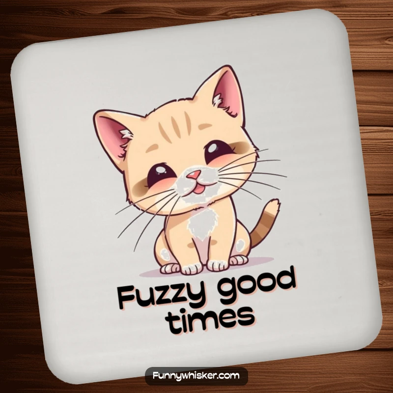 Funny cat coaster illustrated with a tiny cat playfully batting at its long whiskers, protecting surfaces with feline charm.