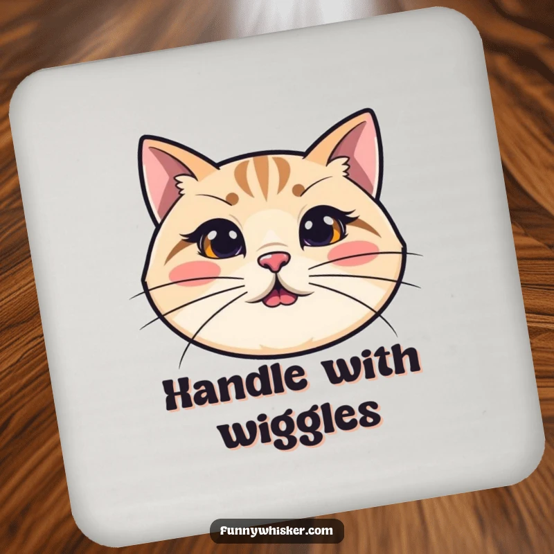Funny cat drink coaster featuring a simplified cat head and exaggeratedly long, wiggly whiskers, perfect for protecting surfaces with humor.