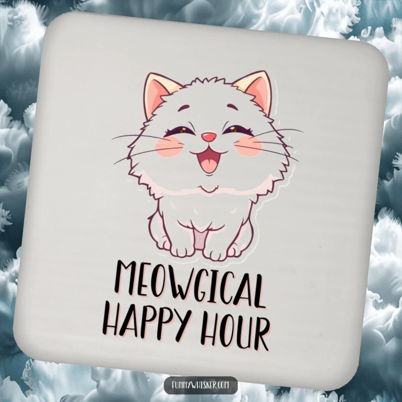 Funny drink coasters showing a fluffy cat character, oversized whiskers comically wiggling with pure delight, adding charm to tables.