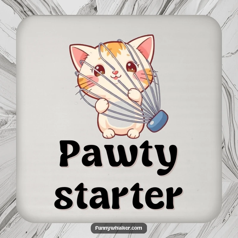 Funny drink coaster set with a small cat peeking from behind a large whisk, protecting surfaces humorously.