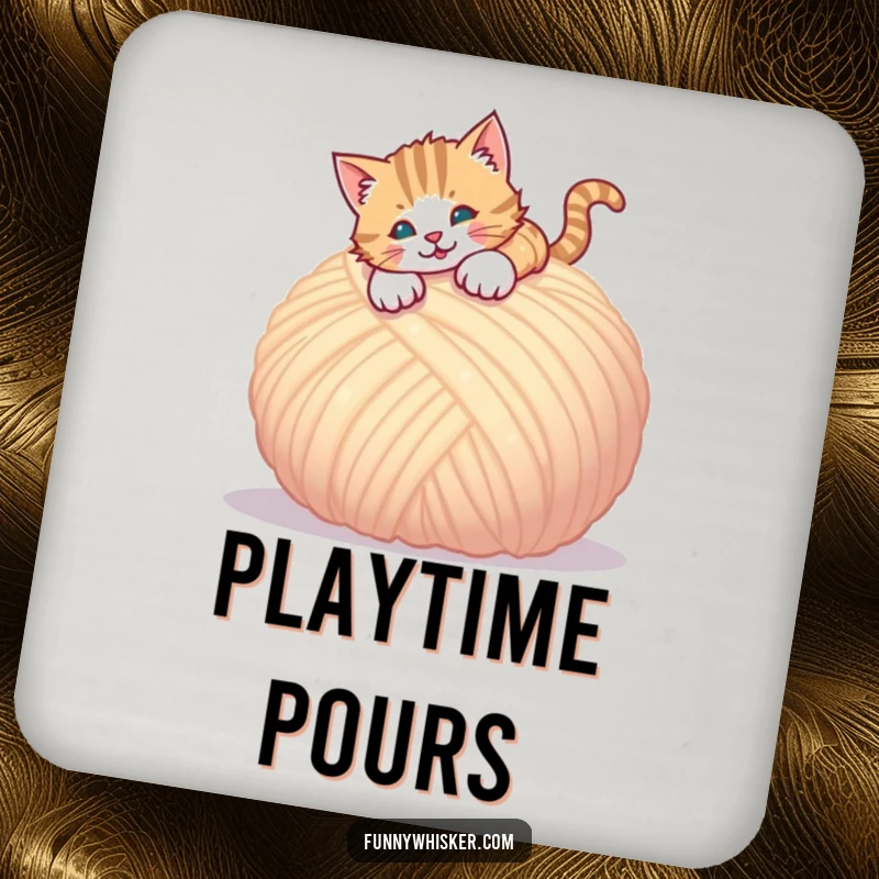 Funny coaster showing a cat mid-pounce on a ball of yarn, perfect for protecting furniture.