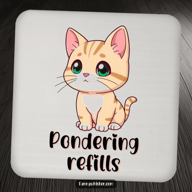 Funny cat coaster featuring a character looking thoughtfully into the distance, whiskers drooping, a humorous and protective item.