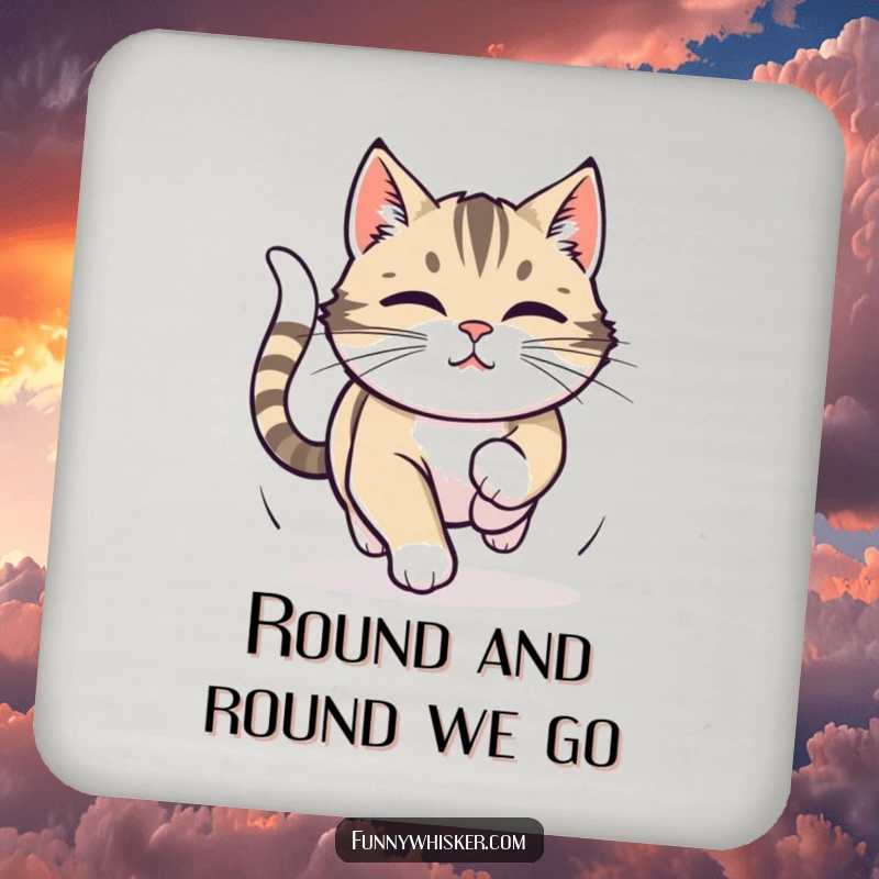 Funny coaster with a cat focused on chasing its tail, whiskers twitching, adding a humorous and determined touch.