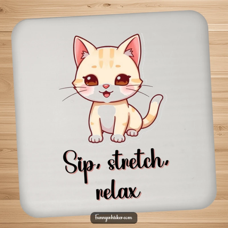 Funny drink coaster with a cat character stretching and playfully extending its whiskers, adding feline relaxation to tabletops.
