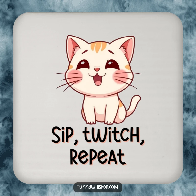Funny drink coaster with a small cat character wiggling its long whiskers in excitement, adding feline humor to tabletops.