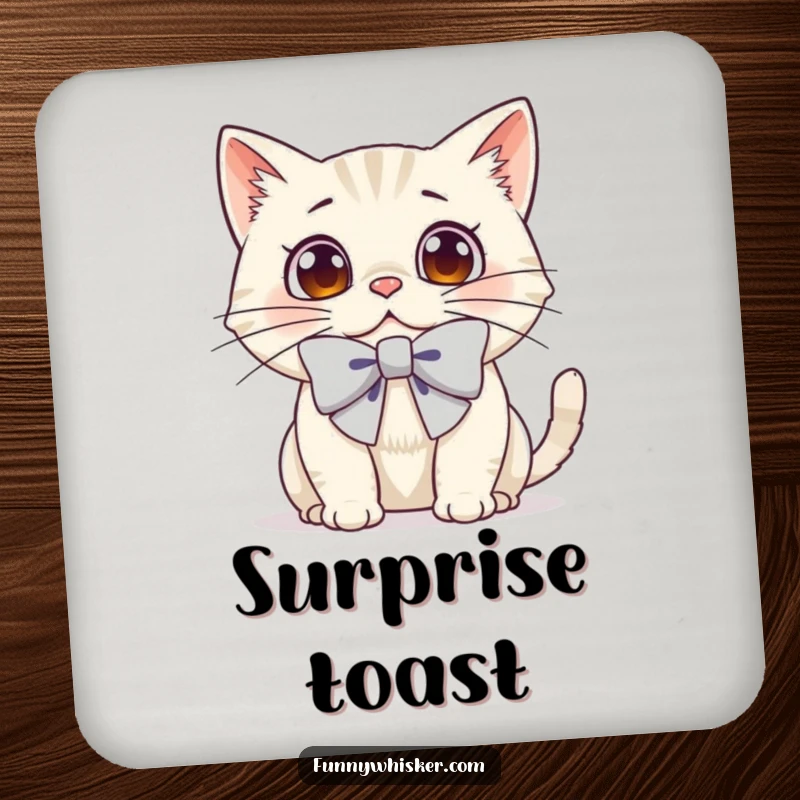 Funny coaster featuring a cat with a large bow on its whiskers, its expression one of cute surprise.