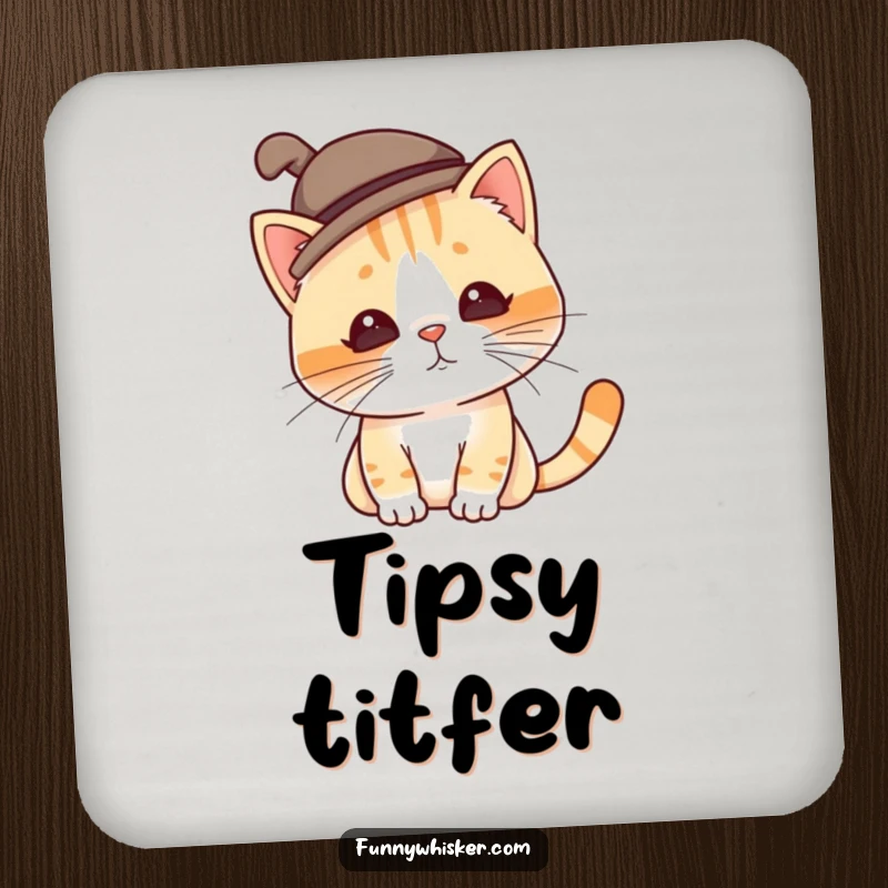 Funny cat coaster featuring a character in a silly hat, tilting due to twitching whiskers, a humorous and protective item.