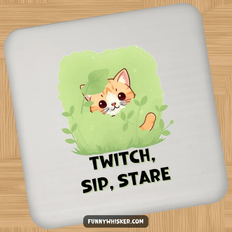 Funny cat coasters showing only twitching whiskers peeking from behind a bush, protecting surfaces with feline mystery.