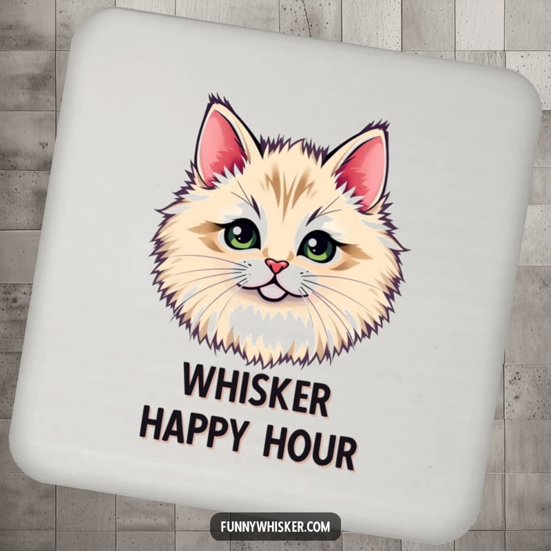 Funny drink coaster: A tiny cat face peeking through a large, fluffy whisker tuft, adding cute and humorous charm to surfaces, a funny gift.