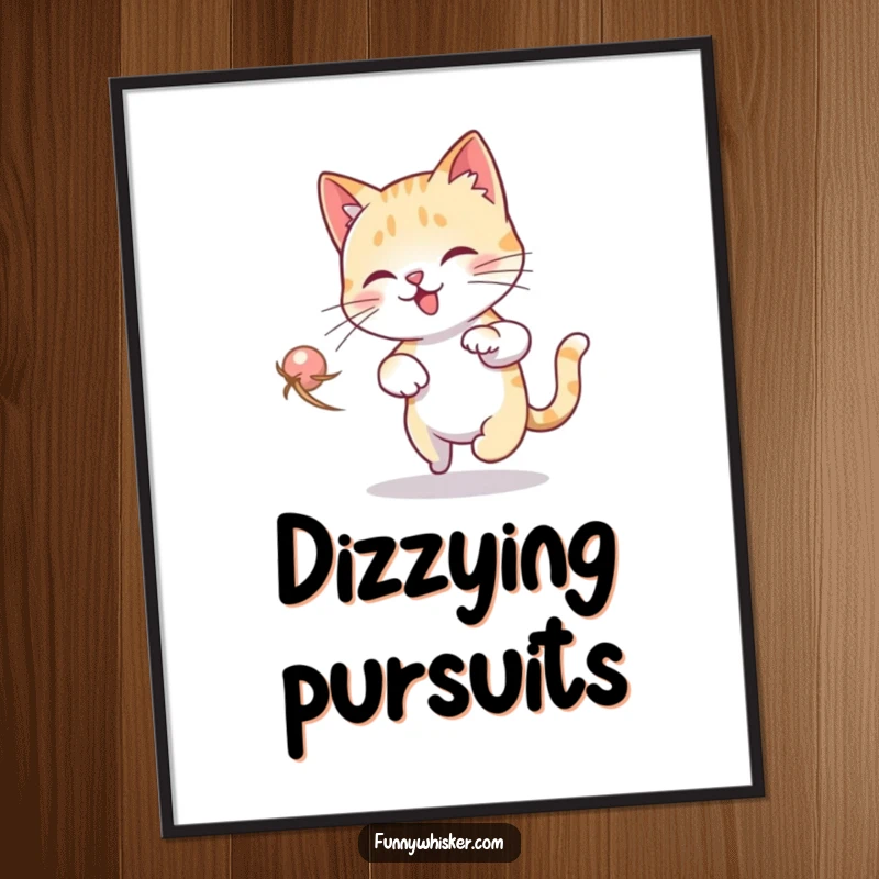 Funny Cat Dizzy Poster: A cat is comically shown spinning in circles, chasing its own whisker with a look of pure bewilderment.