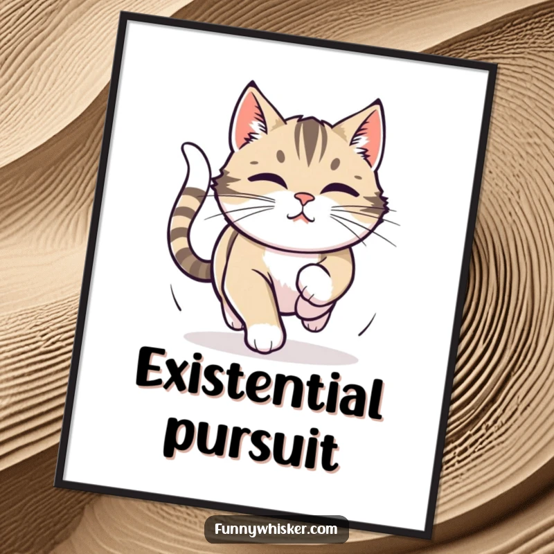 Funny poster depicting a cat obsessed with chasing its tail, whiskers twitching with intense focus and playful energy.