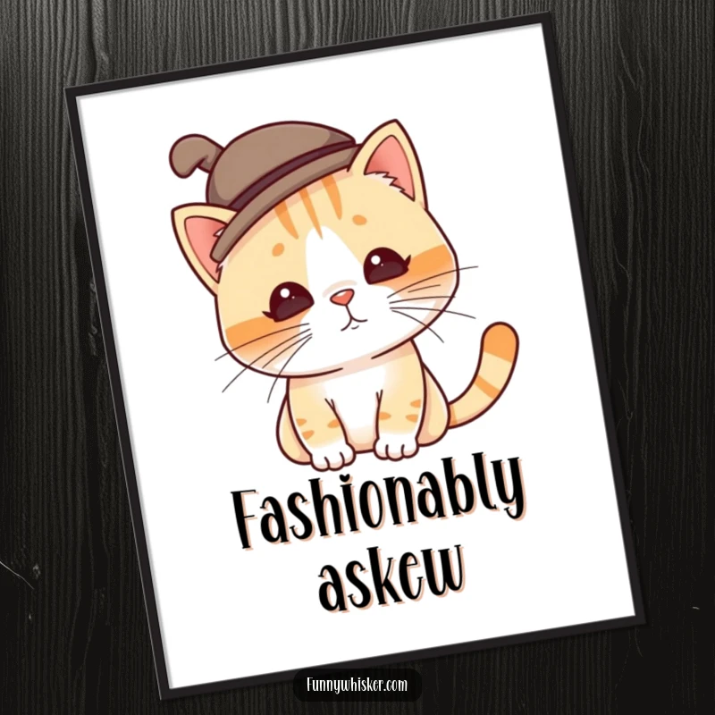 Funny cat poster showing a character in a tilted, silly hat, whiskers twitching, bringing a whimsical and humorous vibe to wall decor.