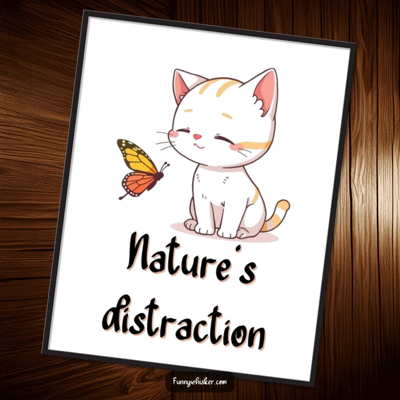 Funny Cat Poster illustrating a cat's whisker attempt to catch a butterfly, adding charm and humor to any space, a perfect gift.