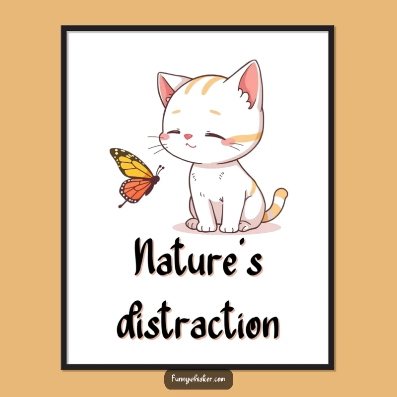 Funny Cat Art Print: Whimsical Whiskers Butterfly Poster, Great Gift