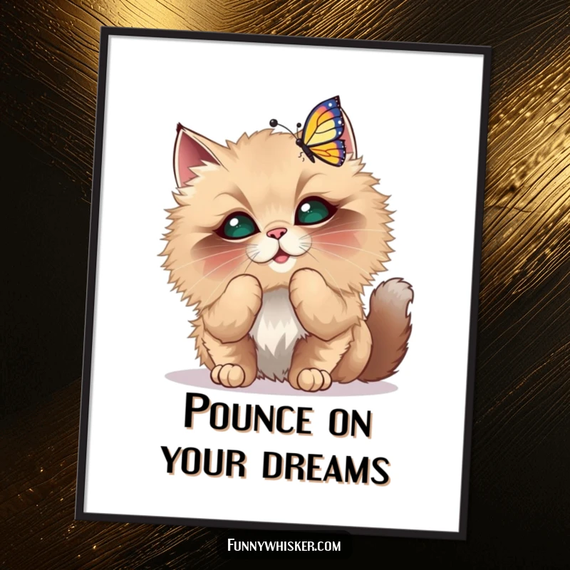 Funny Poster of a fluffy cat with oversized whiskers playfully batting at a dancing butterfly, whimsical art.