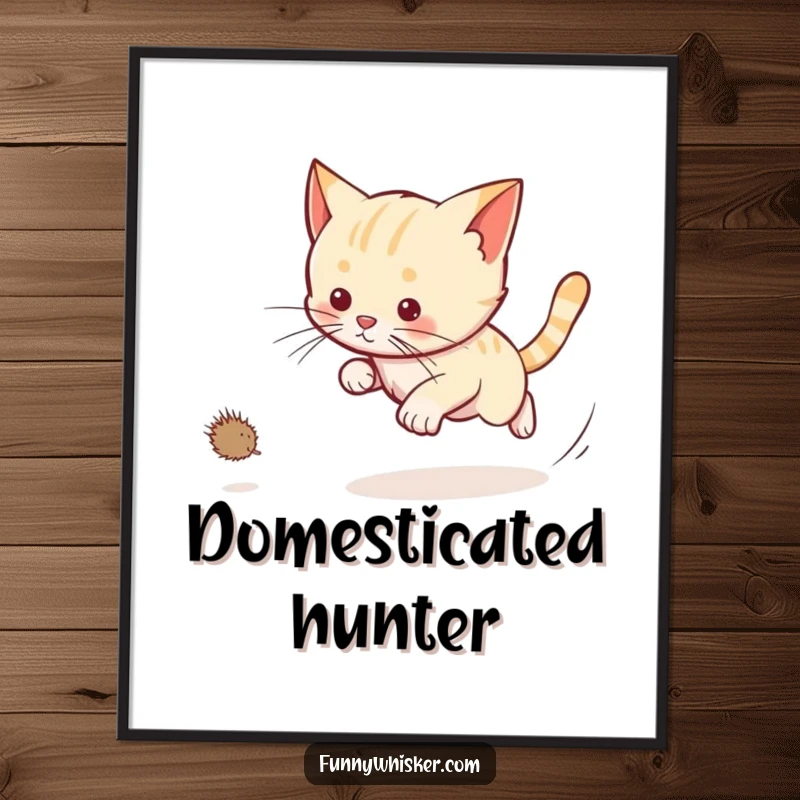 Funny cat poster showcasing a cat chasing a dust bunny with long whiskers trailing, perfect for lively and humorous decor.