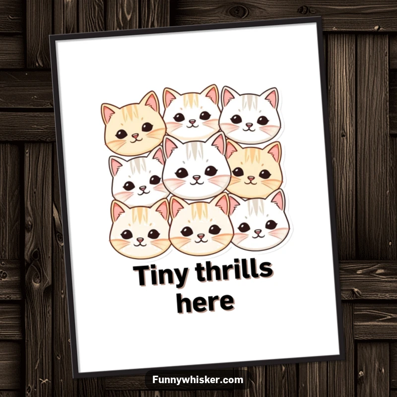 Funny poster art with multiple small, round cat faces and vibrating whiskers, creating a delightful and humorous feline-themed wall piece.