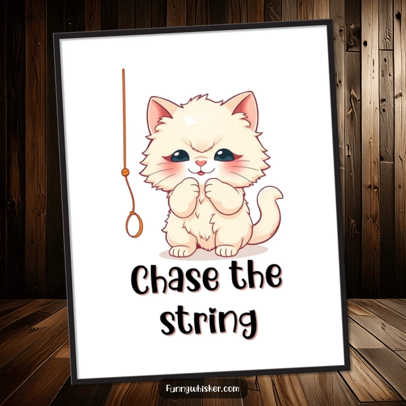 Funny poster print of a fluffy cat character playfully batting a dangling string. Humorous wall art, a fantastic funny gift.