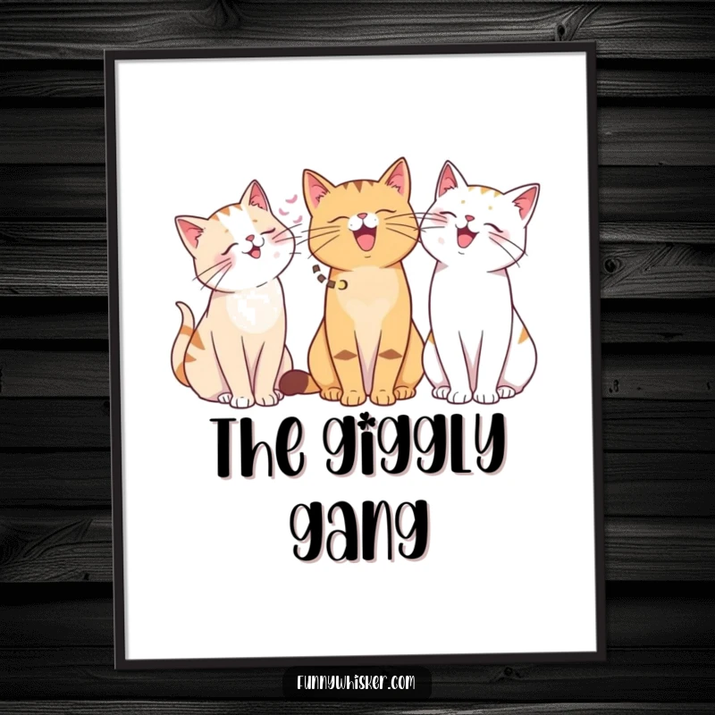 Funny poster print of cats with diverse whiskers giggling together. Humorous wall art, a fantastic funny gift.